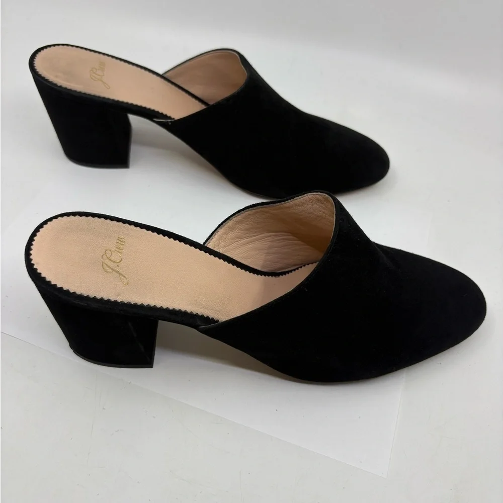 J.‎ Crew Mules Black Suede Leather Slide Block Heels Size 10.5 3” heels